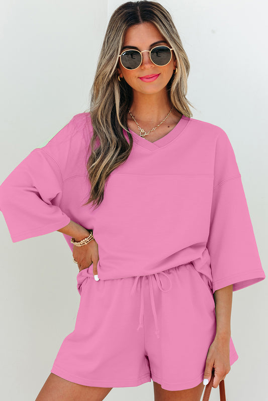 Léonie™ – Ensemble Rose Bonbon Col V Décontracté